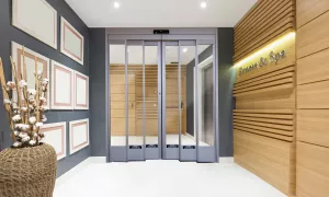 A set of spa doors that are closed.