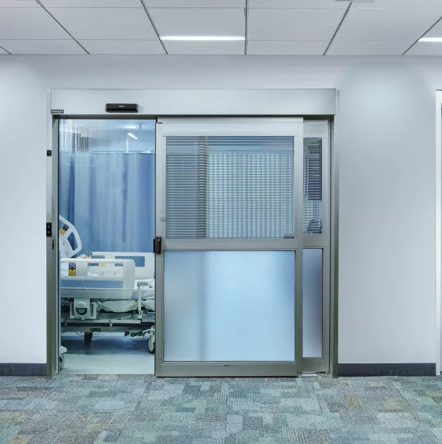 An automatic door in a hospital setting.