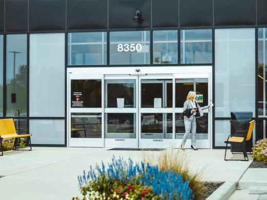 A set of sliding doors to a building.