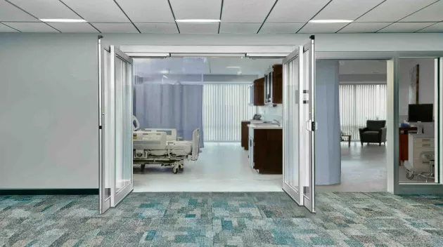 A set of bipart hospital doors opened fully.