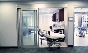 A set of doors in a hospital room.