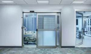 An automatic door in a hospital setting.