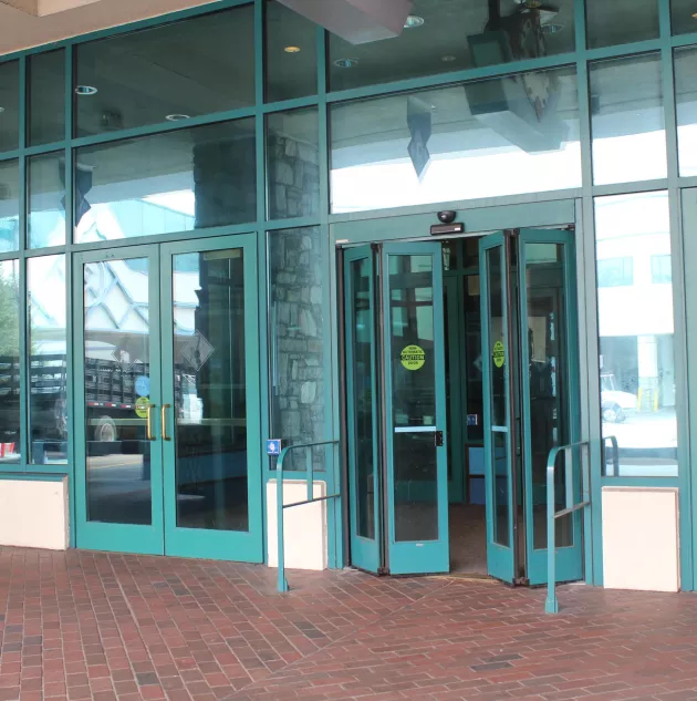 A set of folding doors to a building.